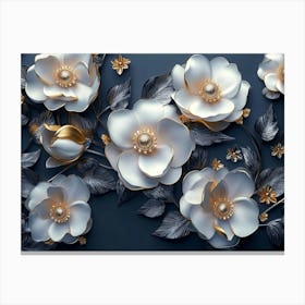 3d Artwork Illustration, White and Blue Background, Golden Jewelry, Flowers, Black 1 Canvas Print