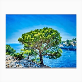 Cassis Calanque Port Miou. A solitary tree with lush green foliage stands on a rocky cliff overlooking a serene blue bay. The tree's branches extend towards the water, creating a sense of tranquility and connection to the natural world. The sky is a vibrant blue, reflecting the color of the water below. The rocky terrain and the surrounding trees add depth and texture to the scene, creating a picturesque landscape. Canvas Print