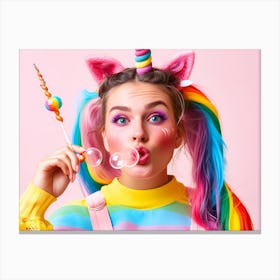 Young Girl Blowing Bubbles In Unicorn Costume Canvas Print