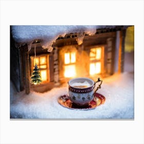 Miniature Winter Cottage Nestled In A Cozy Teacup Steam Rising Gently Surrounded By Snowflakes Mi Canvas Print