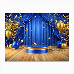 Blue And Gold Stage With Balloons And Confetti Canvas Print