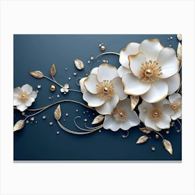 3d White and Blue Background with Golden Jewelry and Flowers Canvas Print