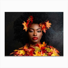 Black Woman With Peach Lips Black Hair Enveloped In A Fusion Of Red Orange And Yellow Autumn Lea Canvas Print