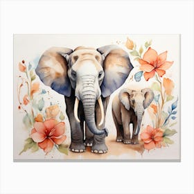 Elephants and Baby Floral Canvas Print