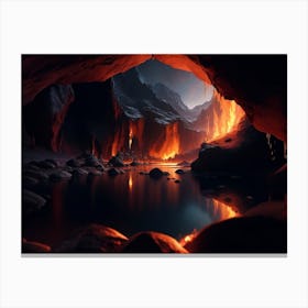 The Dark Cave Illuminated By A River Of Magma Canvas Print