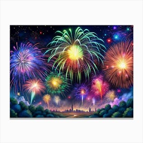 Colorful Fireworks Display Over Cityscape Canvas Print