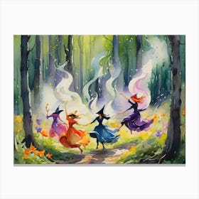The Witches Dance - Colorful Witchy Art of a Fire Ritual in the Forest, Spooky Beautiful Haunting Wicca Pagan Beltane May Day Fiery Ladies Whimsical Dancing in the Woods, Witchcore Wicca Gallery Smoke Goddess Artwork Cottagecore HD Canvas Print