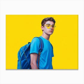 18 Year Old Boy With Transparent Glasses Clad In Light Blue T Shirt Carrying Backpack Standing In Canvas Print