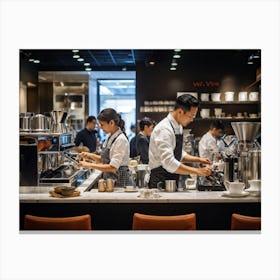 Cafeteria Interior Bustling With Activity Baristas In Checkered Aprons Preparing Espresso Drinks P (5) Canvas Print