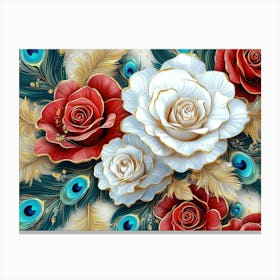 3d Design Illustration Seamless Pattern Diamond Painting White, Crimson, Turquoise And Golden Roses Flowers 1 Canvas Print