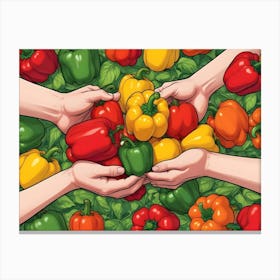 Hands Holding Colorful Bell Peppers Surrounded By More Peppers And Green Leaves Canvas Print