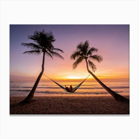 Beach At Sunset Silhouette Of A Single Person Lounging On A Hammock Strung Between Two Palm Trees Canvas Print