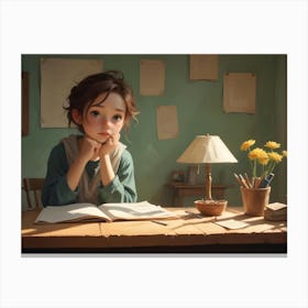 A Young Girl Sits At A Desk In A Cozy Room, Looking Thoughtful Canvas Print