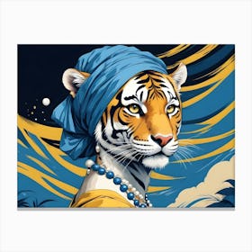 Portrait Of A Tiger Wearing A Blue Headscarf And Pearl Necklace, Inspired By Vermeer S Girl With A Pearl Earring Canvas Print