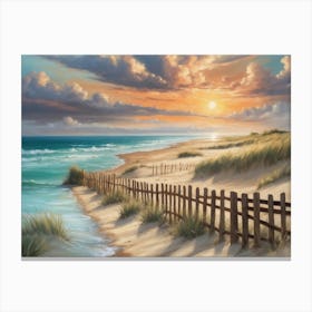 Vibrant Sunset Over Tranquil Beach Path with Rustic Fence and Calm Inlet Canvas Print