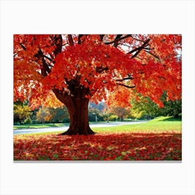 An Autumn Oak Tree Abundantly Lit Branches Spreading Widely Spanning A Slim Sleek Card Leaves Bla (4) Canvas Print