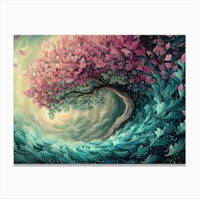 3d Tree with Pastel Green and Fuchsia Leaves and Feathers Canvas Print