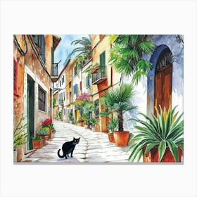 Palma De Mallorca, Spain   Cat In Street Art Watercolour Painting 4 Canvas Print