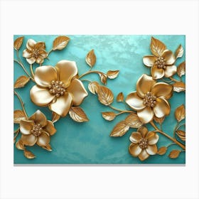 The Classic Design With Turquoise Shapes And Golden Branched Flowers Canvas Print