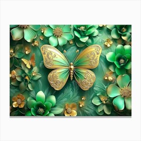 3d Art Abstract Floral Background With Green Flowers And Golden Butterfly 2 Canvas Print