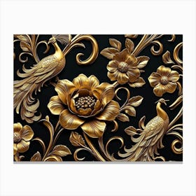 Elegant Leather Base Golden Floral Seamless Damask Flowers with Golden Peacocks Isolated on Black Background 1 Canvas Print