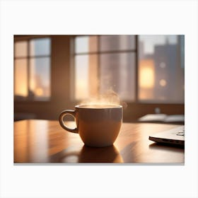 A White Mug With Steam Rising From It, Sitting On A Wooden Table In Front Of A Window With A Blurred View Of A Cityscape At Sunset 1 Canvas Print