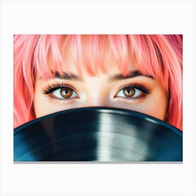 Girl With Pink Hair holding record Canvas Print