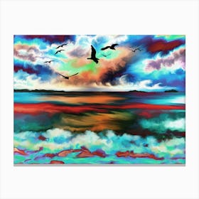 Ocean Waves Seagulls Birds Colorful Sea Canvas Print