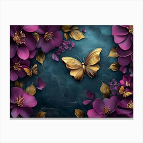 Purple Flowers with Golden Butterfly Canvas Print