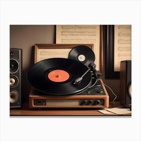 Vintage Record Player On A Wooden Surface With Speakers, Music Sheets, And A Record Playing Canvas Print