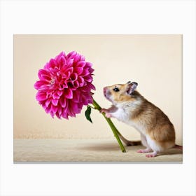 Hamster Clutching A Vibrant Pink Dahlia Fur Texture Detailed Contrasting Against A Muted Beige Bac Canvas Print