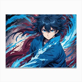 A Stylized Anime Character With Blue Hair And A Determined Expression, Wielding Water Like Energy In His Hand Canvas Print