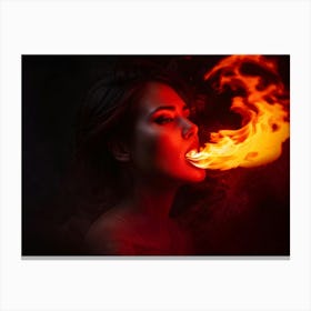 Portrait Of A Woman Ablaze With Flames Licking At Her Silhouette Mesmerizing Scarlet Gaze Piercing Canvas Print