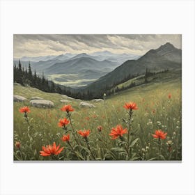 Vintage Oil Painting of indian Paintbrushes in a Meadow, Mountains in the Background 5 Canvas Print