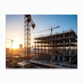 Construction Site With Cranes And A Building Under Construction At Sunrise, With A City Skyline In The Background 3 Canvas Print