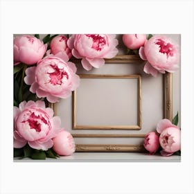 A Photo Of Pink Peonies Surrounding A Golden Frame With A White Background Canvas Print