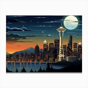 Seattle Skyline By Night Art Deco Style Canvas Print