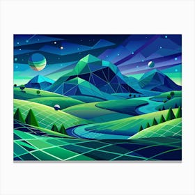 Low Poly Landscape With Mountains, River And Green Fields Canvas Print