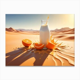 A Bottle Of Milk With A Splash Of Milk And Orange Slices In A Desert Setting, Creating A Surreal And Unexpected Juxtaposition Canvas Print