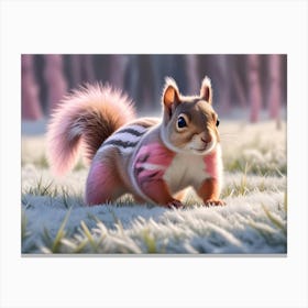 Cute Chipmunk With Pink Painted Fur Standing On A Snowy Ground, Creating A Whimsical And Playful Scene Canvas Print