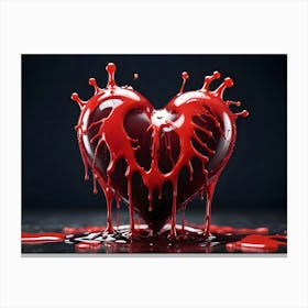 A Realistic 3d Rendering Of A Red Heart, Dripping With Red Liquid, Set Against A Dark Background Canvas Print