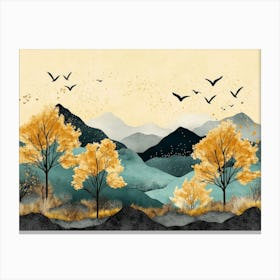 Autumn Trees With Flowers, Turquoise and Mountains with Clouds and Birds. 3d Art Canvas Print