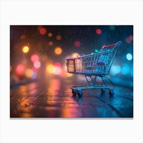 A Shopping Cart Filled With Shopping Bags Stands On A Wet, Reflective Surface, Rain Falling In Front Of A Blurred Background Of Colorful City Lights Canvas Print