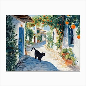 Bodrum, Turkey   Black Cat In Street Art Watercolour Painting 3 Canvas Print