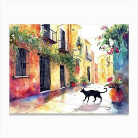 Valencia, Spain   Cat In Street Art Watercolour Painting 2 Canvas Print