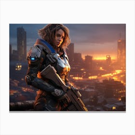 Futuristic soldier woman with energy gun Canvas Print