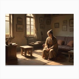 A Young Woman In A Robe Sits On A Couch In A Sunlit Room, Creating A Peaceful And Contemplative Atmosphere Canvas Print