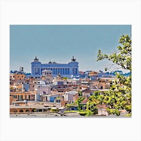 Rooftops and Domes in Rome. This image depicts a picturesque view of a historic cityscape, characterized by its terracotta rooftops and prominent domed structures. The two large domes, likely belonging to significant religious or historical buildings, stand out against a clear blue sky. The foreground is filled with a variety of buildings, showcasing a mix of architectural styles and colors, while lush green trees add a touch of nature to the urban scene. 2 Canvas Print