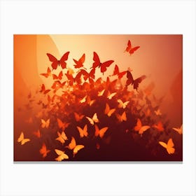 A Digital Illustration Of Many Orange Butterflies Flying In A Red Orange Mist Canvas Print