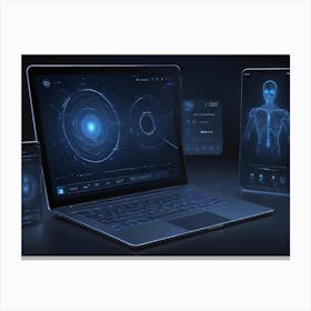 An Image Of A Laptop, A Smartphone, And A Tablet, All Displaying Glowing Blue Interfaces Representing Digital Technology Canvas Print